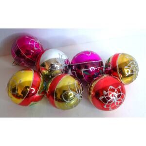Vintage Blown Glass Floral Multicolor Ornaments Set of 7
